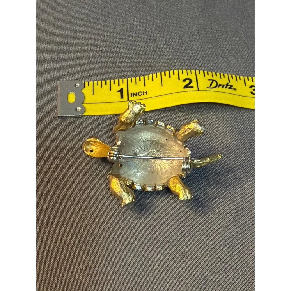 Vintage Gold Tone Rhinestone Turtle Brooch Red Cabochon Shell Green Eye Pin